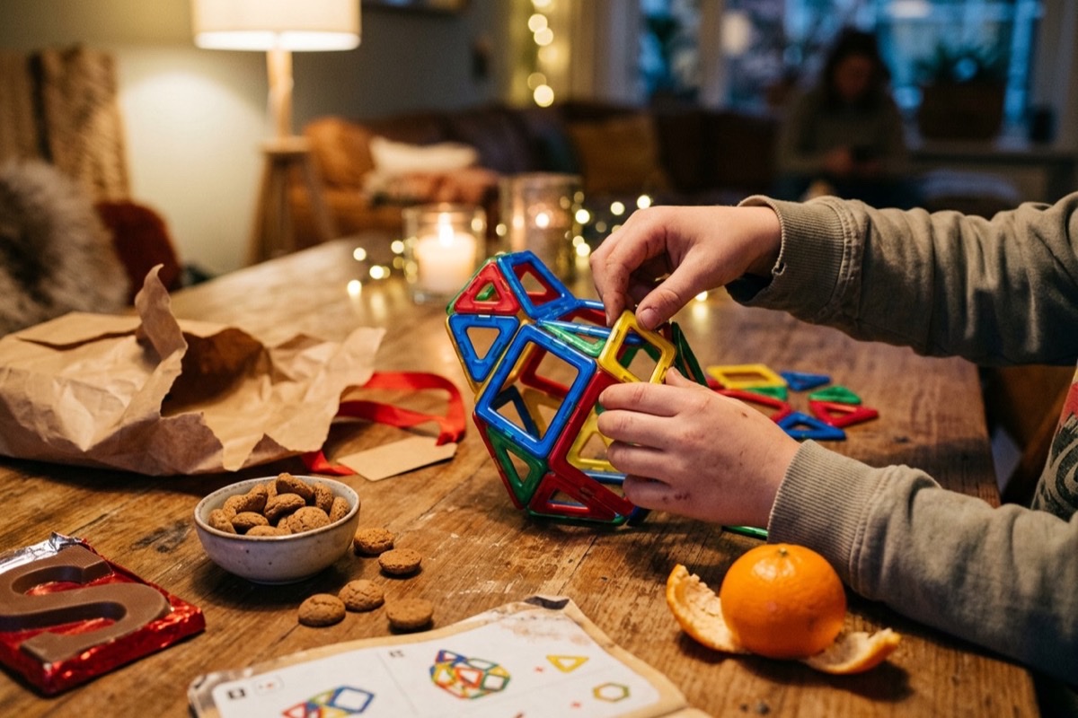 Een kind kijkt door een kindermicroscoop naar een blaadje aan de keukentafel