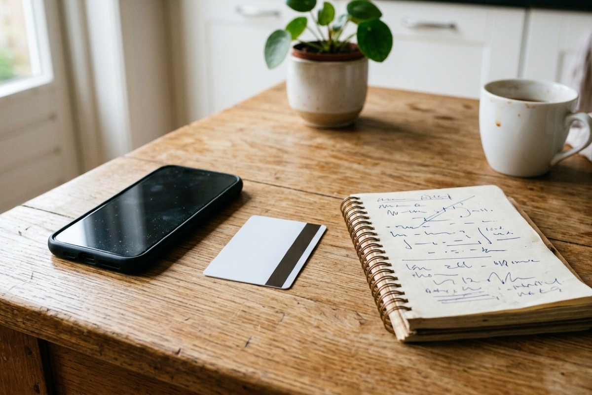 Een telefoon en een eenvoudige betaalkaart liggen naast een notitieblok met aantekeningen op een houten tafel bij daglicht