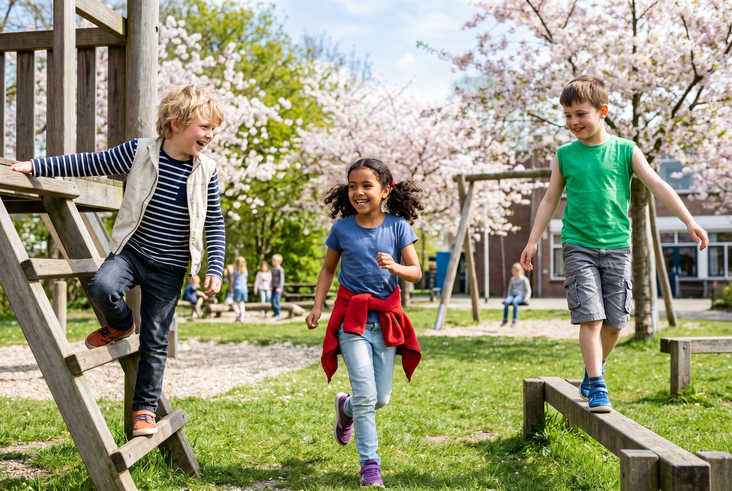 Drie kinderen op schoolplein bij eerste lente-zon: een kind in lange mouwen met dun vest, een kind in T-shirt met vest om de heupen, en een kind in T-shirt met vrolijk gebaar.