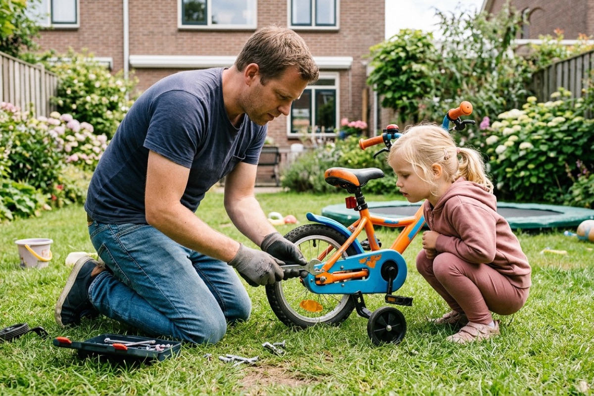Ouder schroeft zijwieltjes los van een kinderfiets op het gras in een Nederlandse achtertuin.