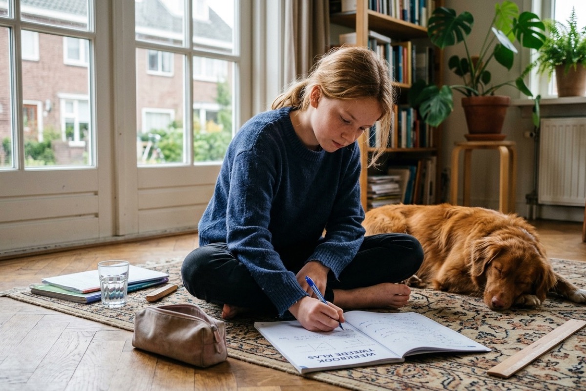 Een 12-jarig kind doet huiswerk op de vloer terwijl een rustige hond ernaast ligt in een Nederlandse woonkamer
