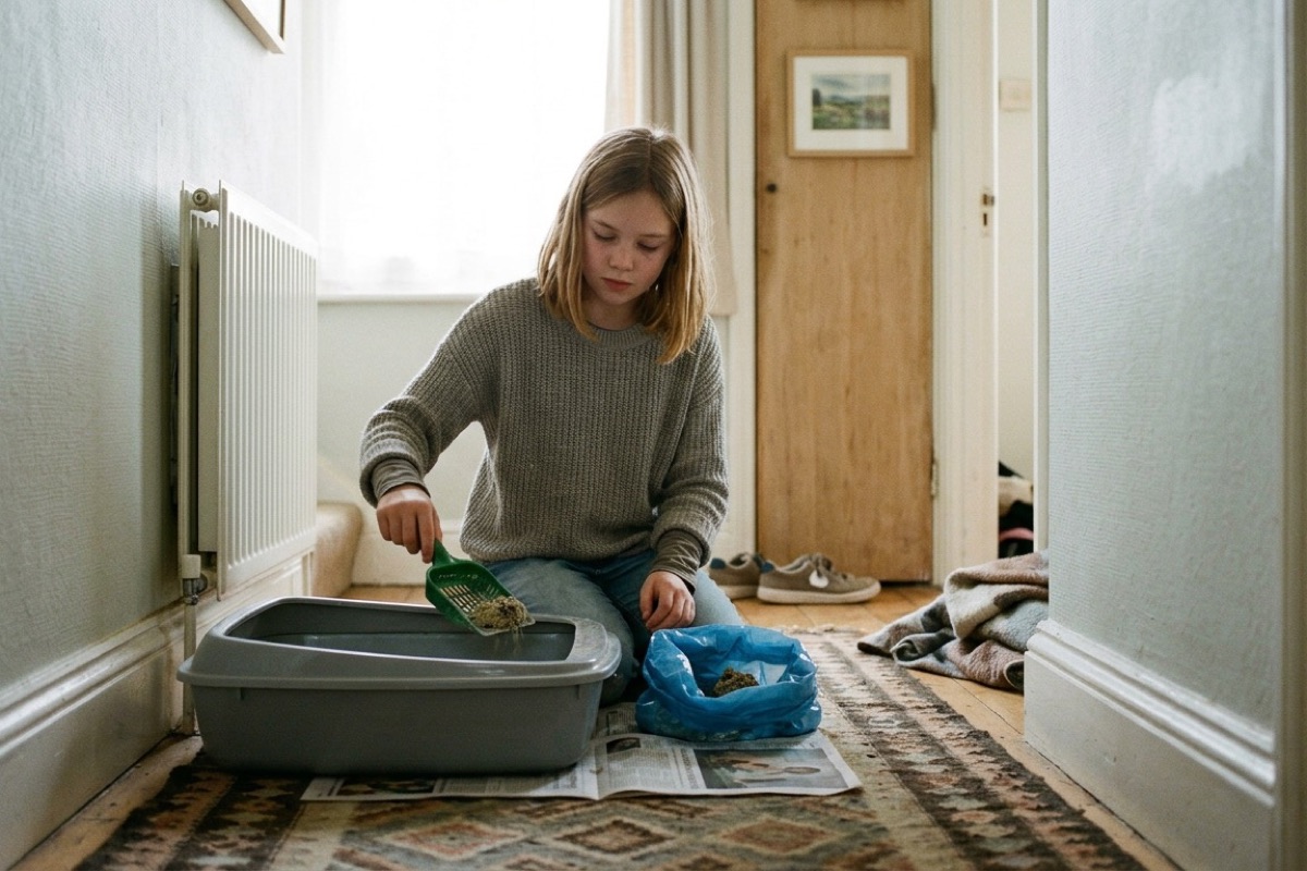 Een 12-jarig kind maakt rustig de kattenbak schoon met een schepje en handschoenen in een Nederlandse hal