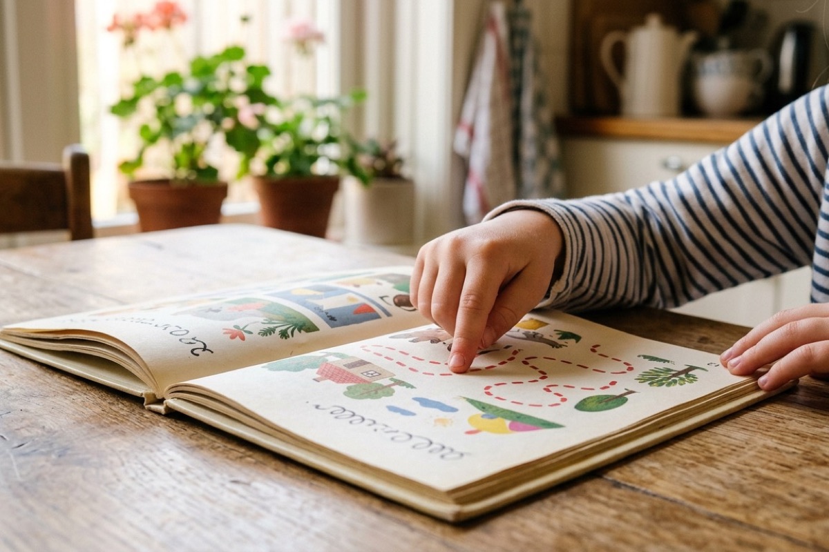 Een jong kind volgt met de vinger een bladzijde in een eerste leesboek aan de keukentafel