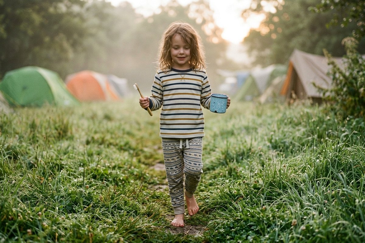 Gezin met jonge kinderen voor een tent op een camping, eerste keer kamperen