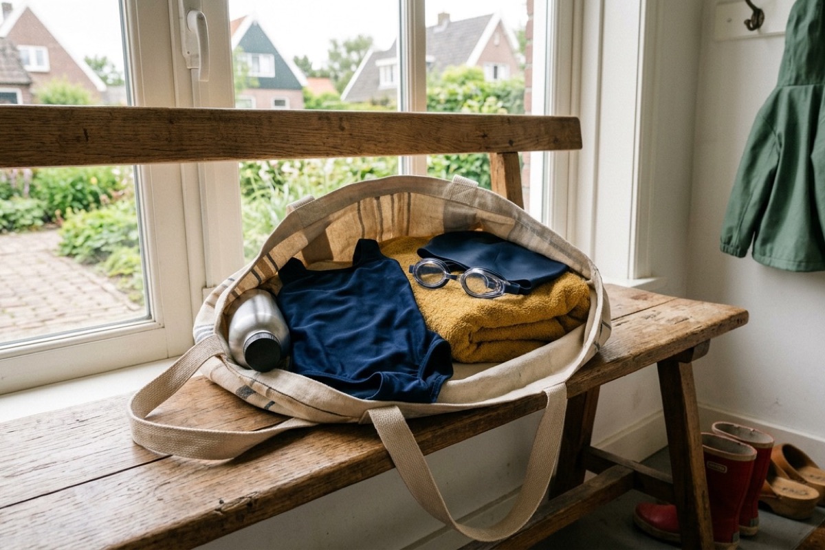 Een gepakte Nederlandse zwemtas met handdoek en zwembril staat klaar op een houten bank