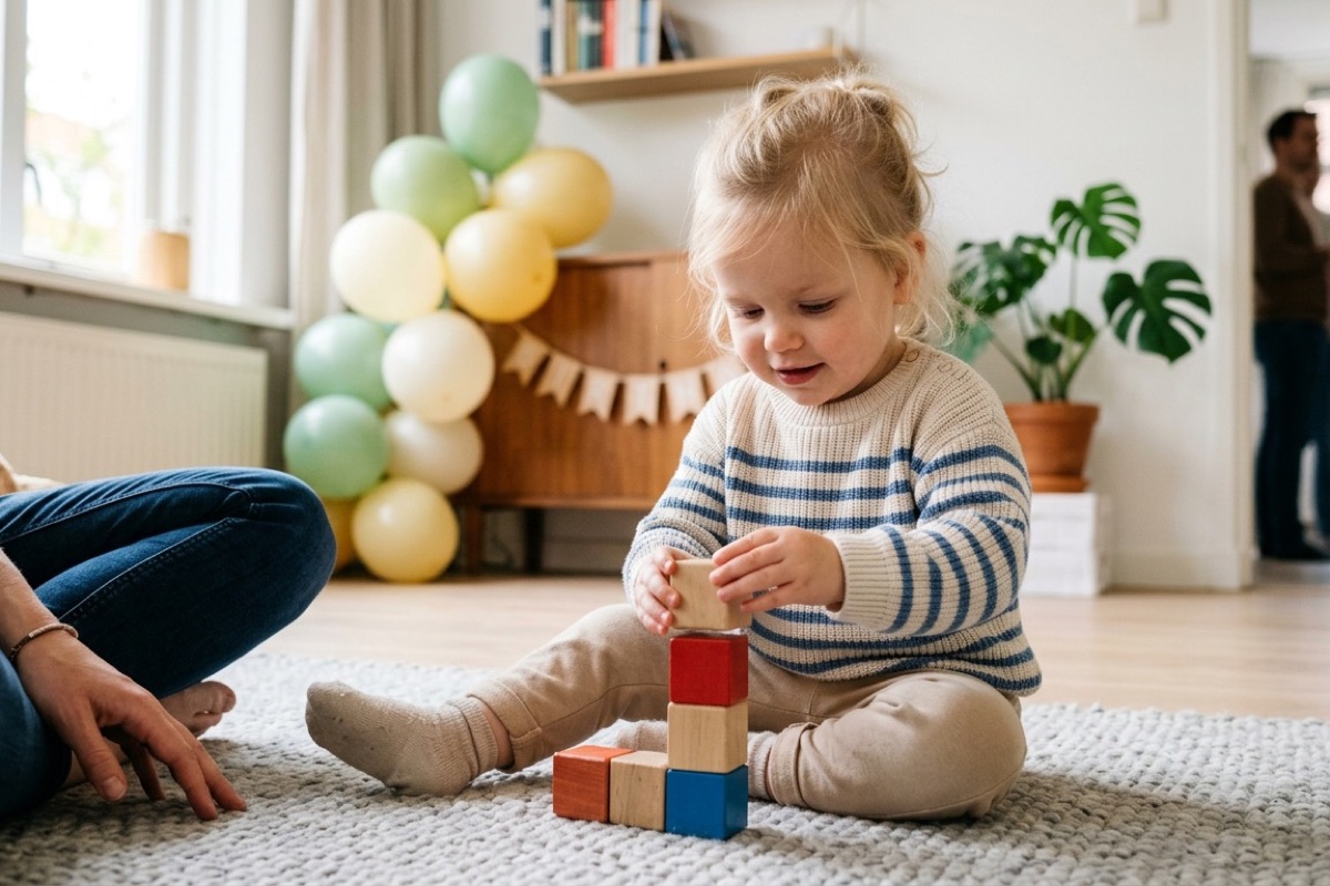 Peuter speelt op een tapijt met gekleurde houten blokjes terwijl een ouder ernaast op de grond zit.