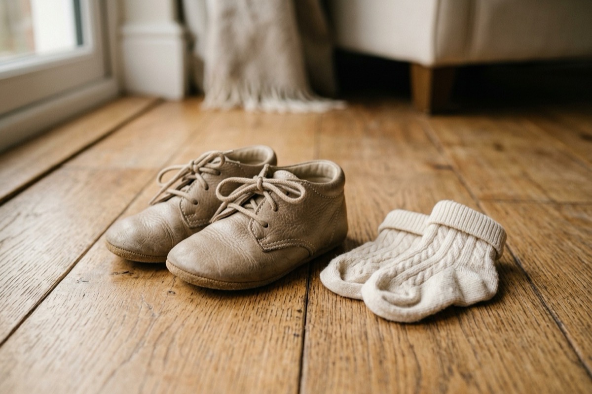 Soft leren eerste schoentjes naast gebreide babysokjes op houten vloer in zacht daglicht.