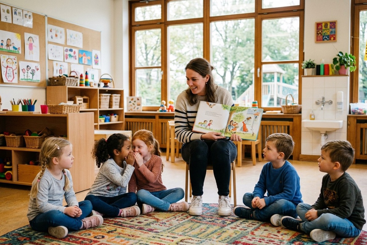Kind in groep 1 zit in de kring met klasgenoten terwijl de juf een prentenboek voorleest in een licht klaslokaal.