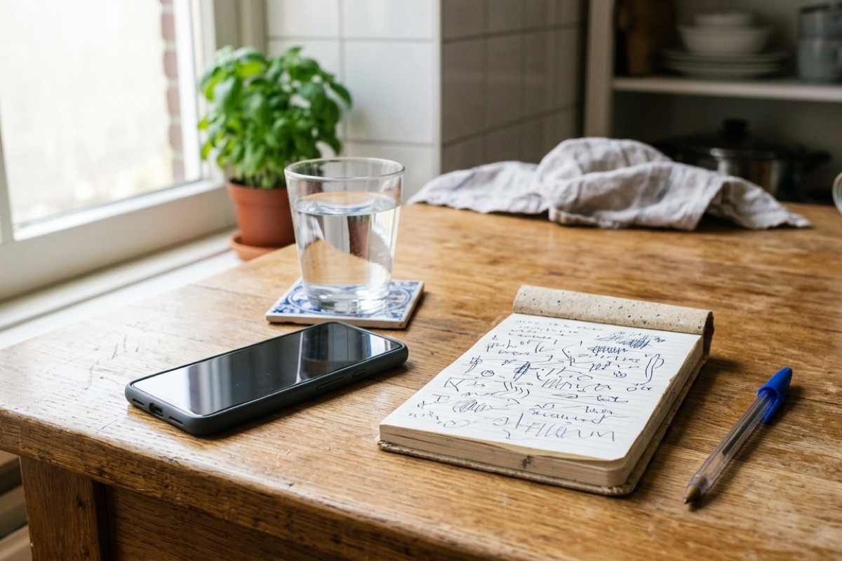 Een telefoon ligt op een houten tafel naast een notitieblok met handgeschreven aantekeningen bij daglicht