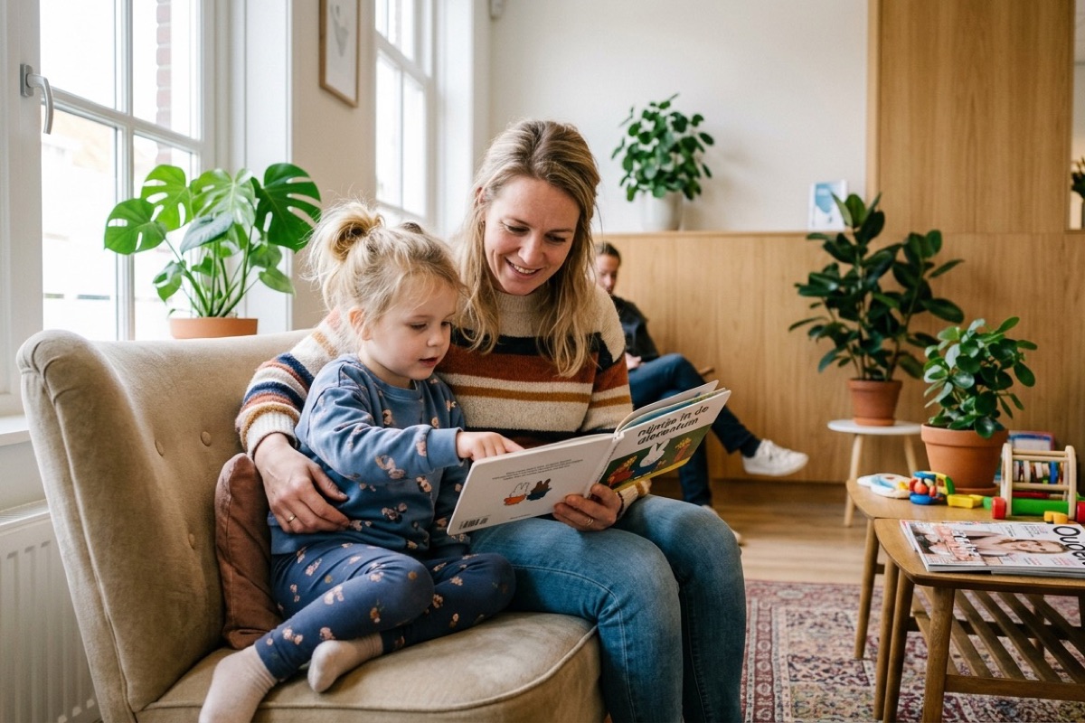 Ouder en kind zitten samen in de wachtkamer van de tandartspraktijk en bekijken een prentenboek.