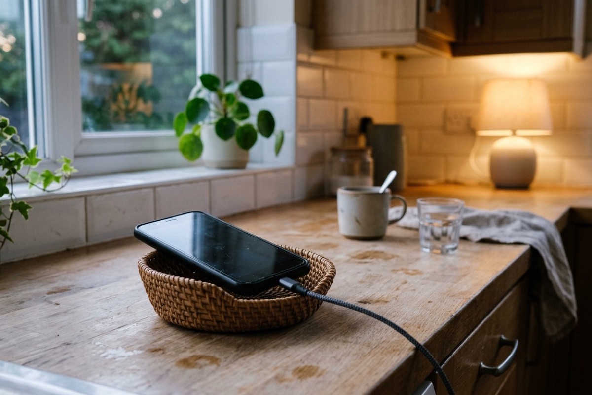 Telefoon ligt op een mandje of laadstation in een woonkamer bij avondlamp en daglicht door raam.