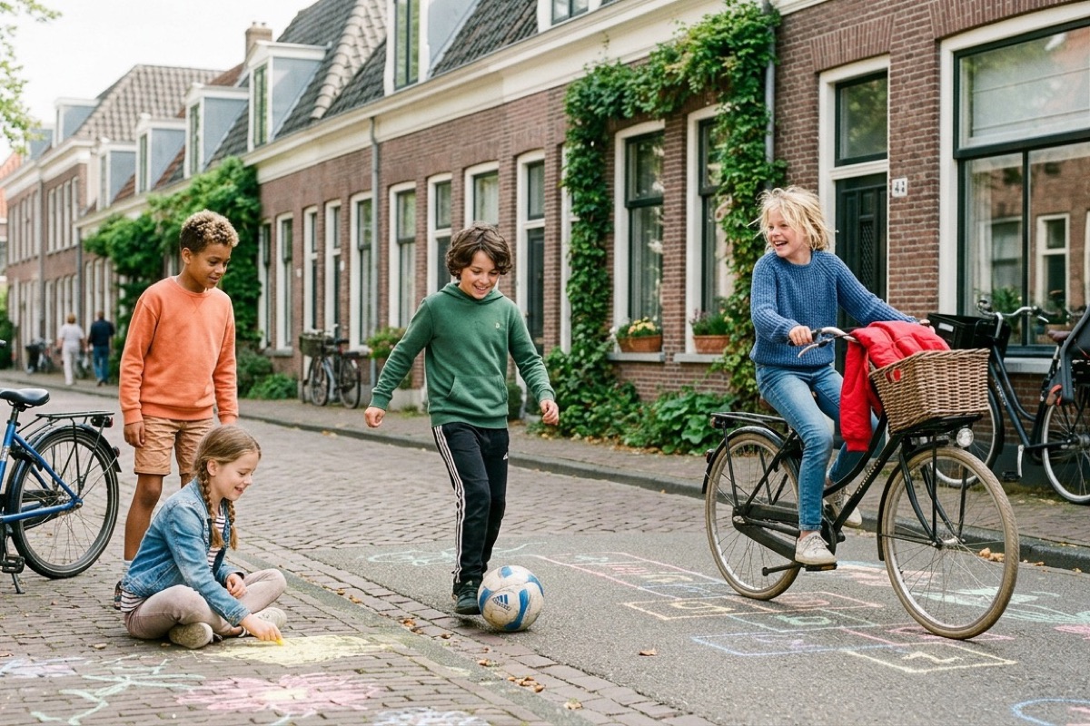 Kinderen spelen samen buiten in een Nederlandse straat zonder telefoons in zicht bij helder daglicht.