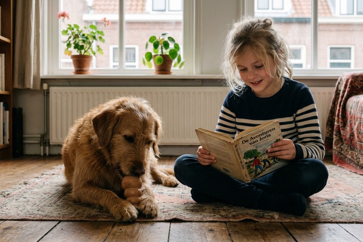 Een vriendelijke hond en een 9-jarig kind zitten samen rustig op de vloer in een Nederlandse woonkamer