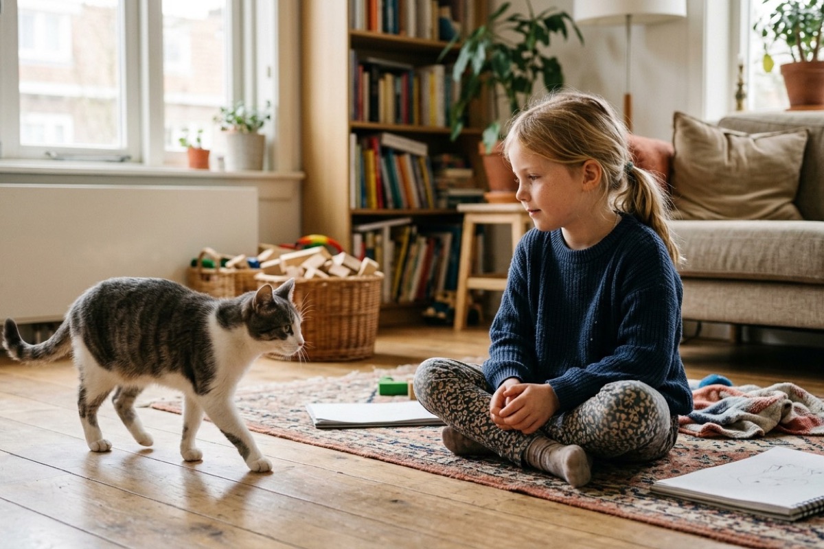 Een 7-jarig Nederlands kind zit op de vloer terwijl een vriendelijke kat zelf naar haar toe komt