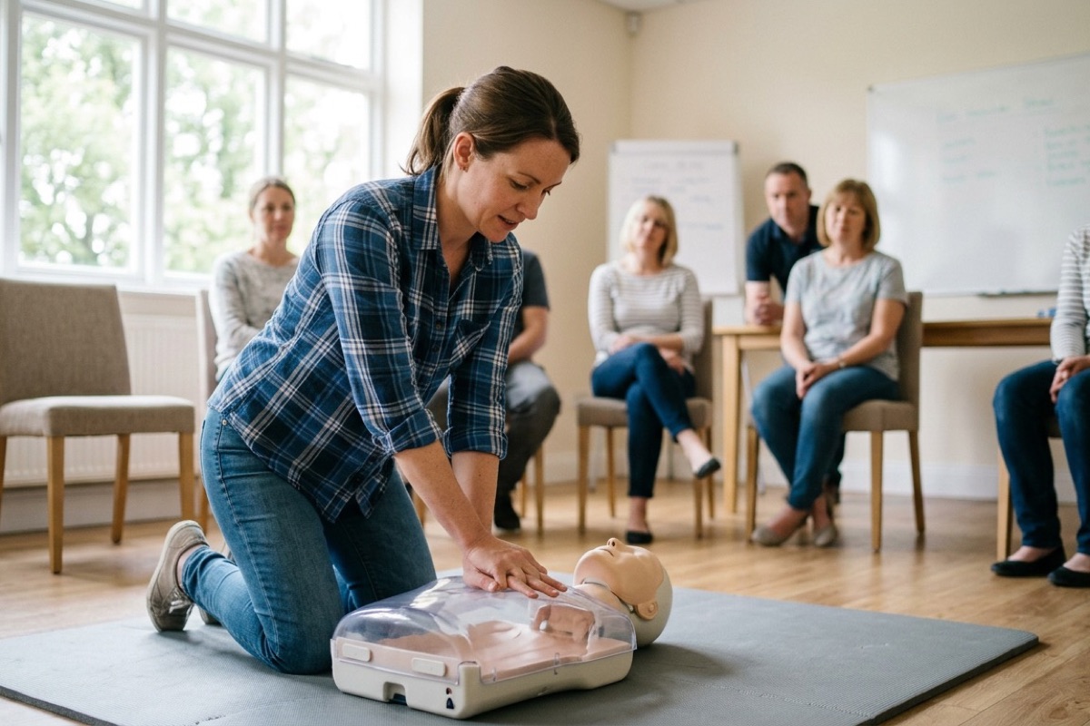 Ouder oefent EHBO handelingen op een pop tijdens een rustige cursus in een lichte zaal.