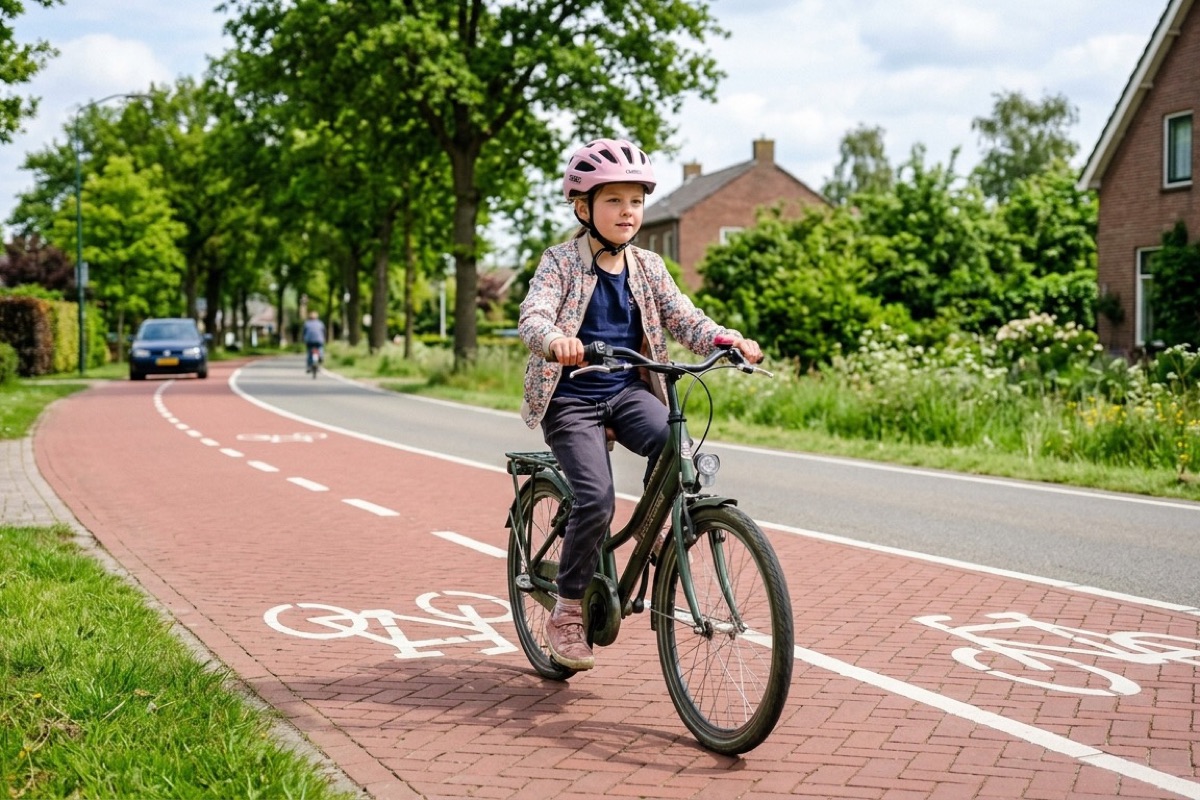 Kind van ongeveer acht jaar fietst zelfstandig op een rood Nederlands fietspad langs een rustige weg met bomen.