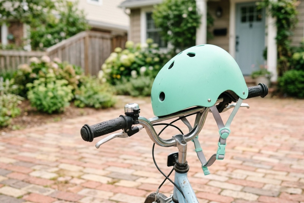 Detail van een groene kinderfietshelm op het stuur van een geparkeerde fiets in de tuin.