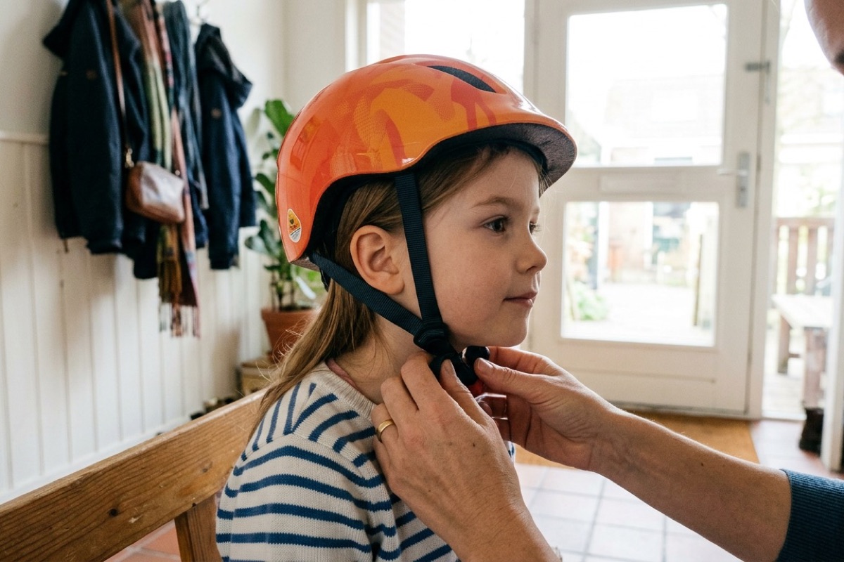 Close-up van een ouderhand die de kinriem van een oranje kinderhelm vastmaakt, kind in profielzicht.