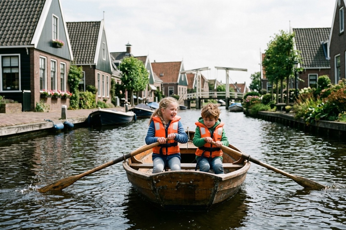 Twee kinderen varen op een klein bootje door een Friese gracht met traditionele huizen op de achtergrond