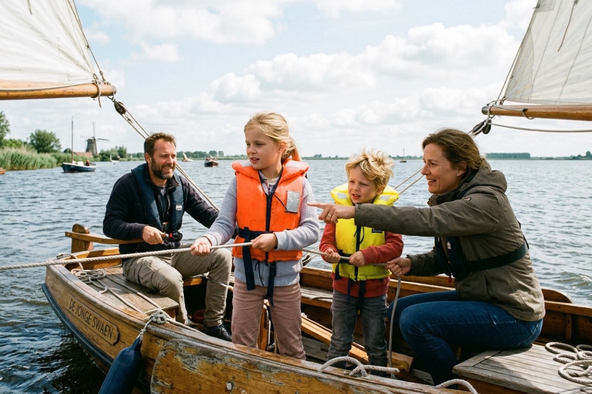 Een Nederlandse familie zit in een sloep op een Fries meer met riet langs de oever