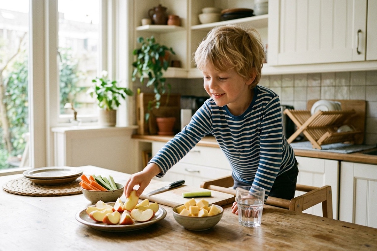 Kind in groep drie kiest tussen verschillende gezonde tussendoortjes op het aanrecht zoals appel en kaas.