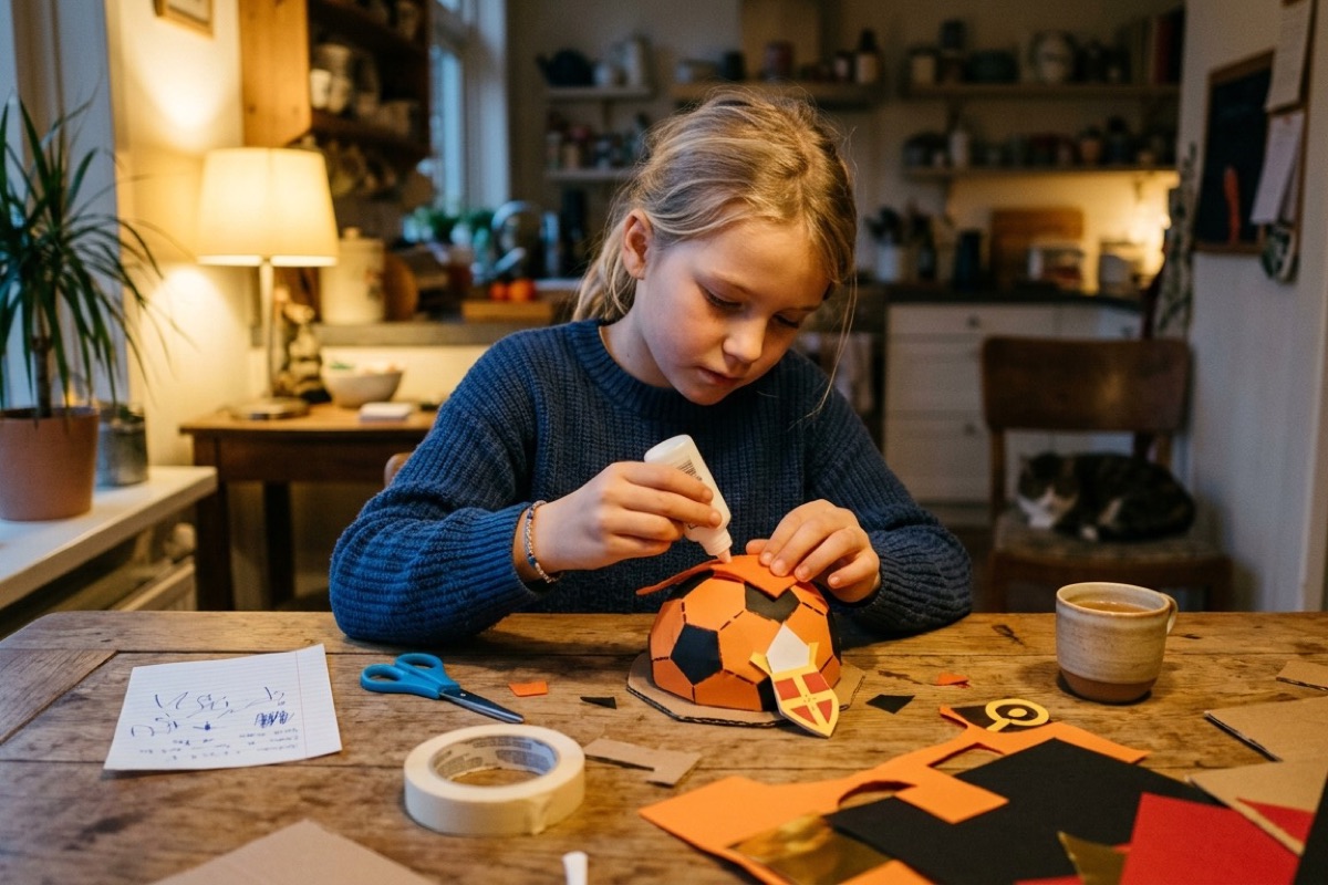 Een kind van rond de elf werkt aan een zelfgemaakte voetbal-surprise met lijm en gekleurd papier op de keukentafel