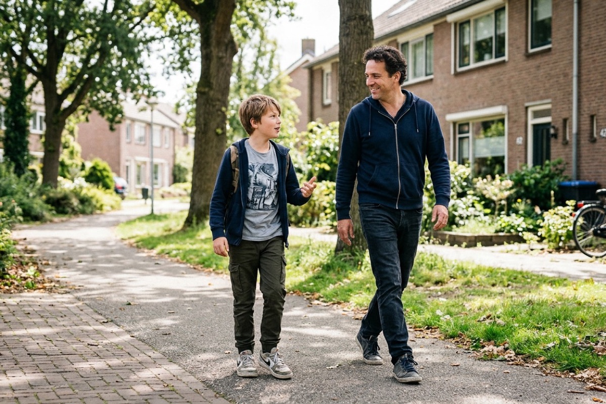 Ouder en kind lopen samen pratend op een straat in een Nederlandse wijk bij daglicht.