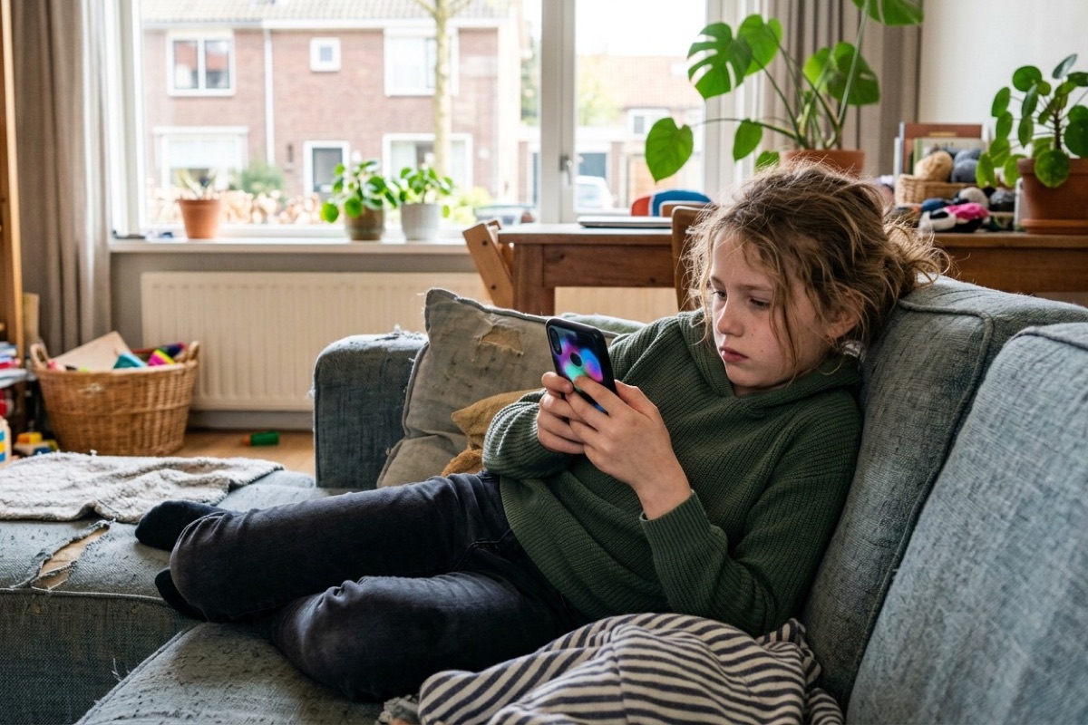 Een kind hangt op de bank met een telefoon en kijkt afwezig naar het scherm bij daglicht