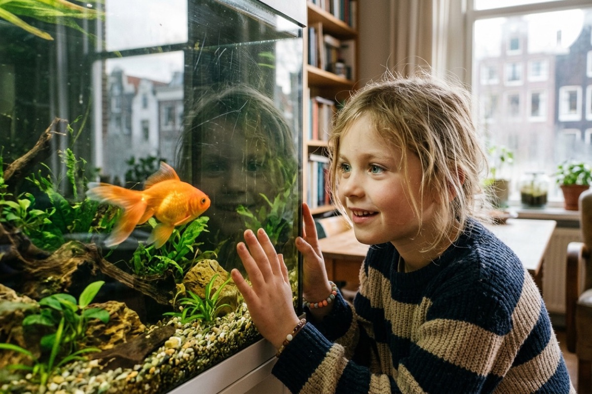 Een Nederlands kind kijkt geboeid naar een grote oranje goudvis door het glas van een aquarium