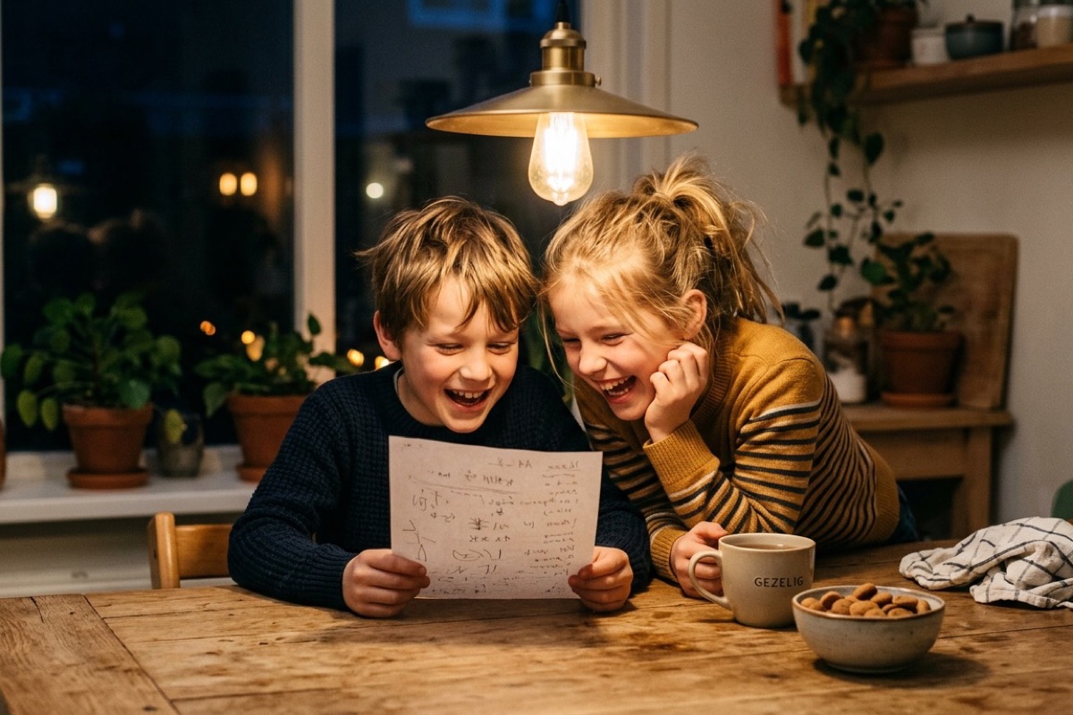 Twee kinderen aan de keukentafel lachen om een grappig sinterklaasgedicht dat ze samen lezen