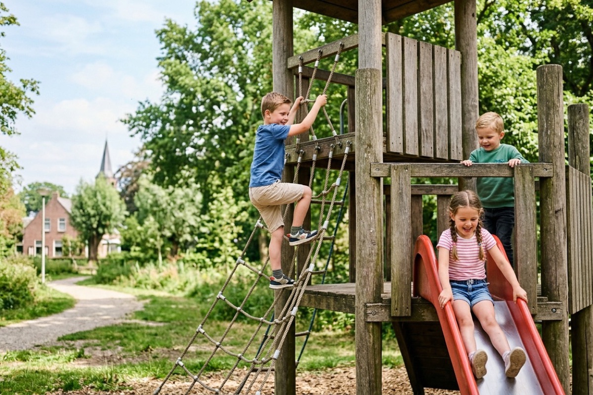 Een Nederlands gezin wandelt over een rustig bospad in de Achterhoek tussen oude beuken