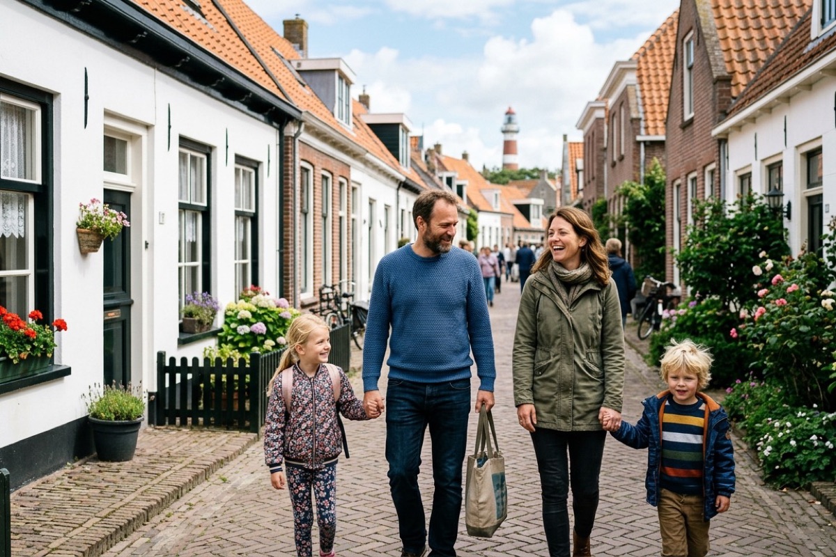 Twee Nederlandse kinderen rennen barrevoets door de branding op een breed Amelands strand