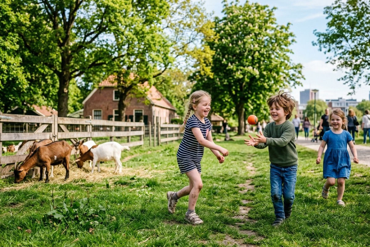 Nederlandse kinderen spelen met een bal op gras naast geiten bij een stedelijke kinderboerderij