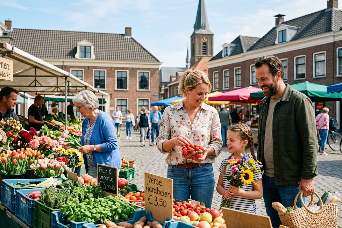 Een Nederlands gezin wandelt door een Brabants bos langs een ven met dennenbomen