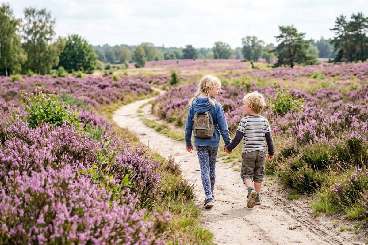 Een Nederlands gezin staat naast een groot hunebed in een Drents natuurgebied