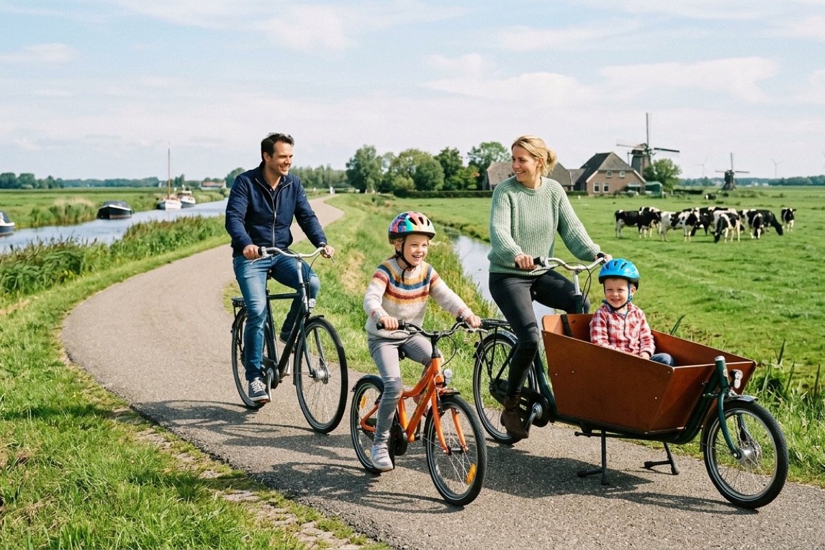 Twee Nederlandse kinderen spelen aan de oever van een Fries meer met riet en bootjes in de verte