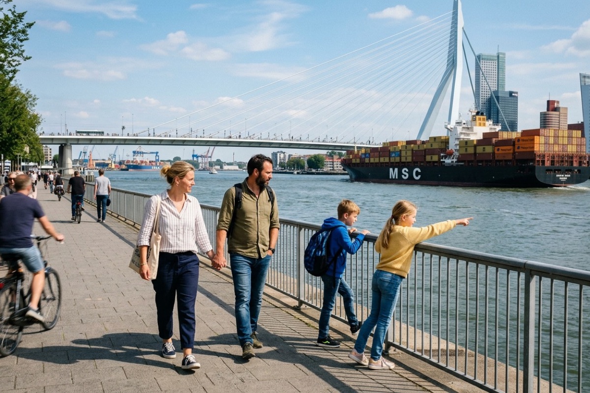 Een Nederlands gezin wandelt langs de Maaspromenade en kijkt naar containerschepen op de rivier