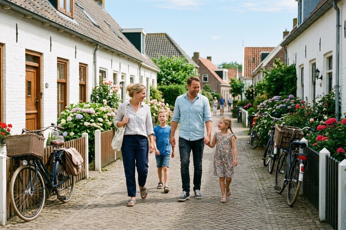 Twee Nederlandse kinderen zoeken schelpen op een breed wit strand op Schiermonnikoog