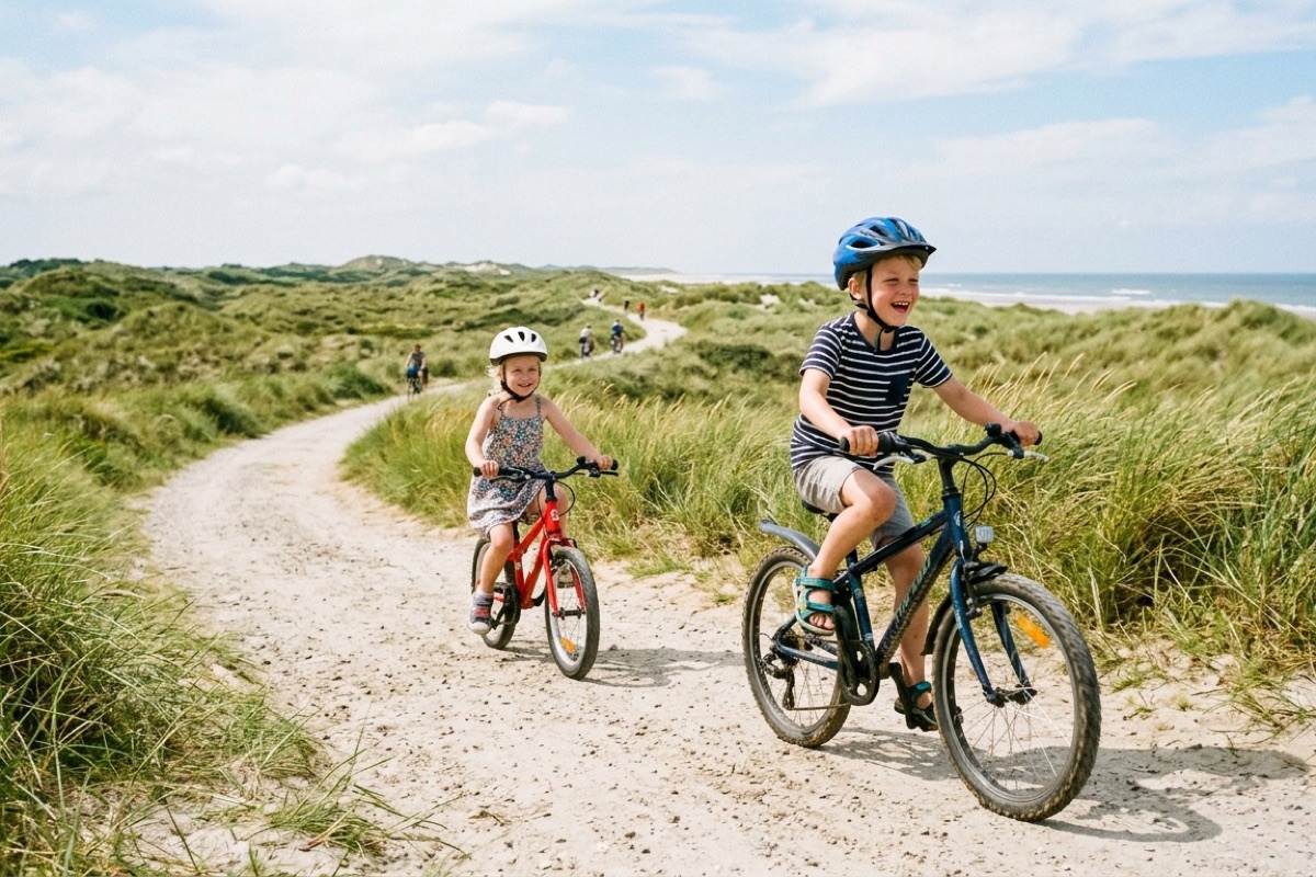 Twee kinderen fietsen door duinen op een Terschellings fietspad met helmgras langs de kant
