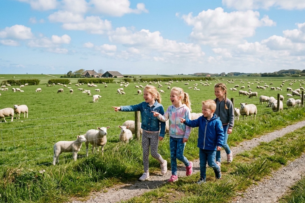 Twee kinderen lopen door duinen op Texel met een uitkijktoren in de verte