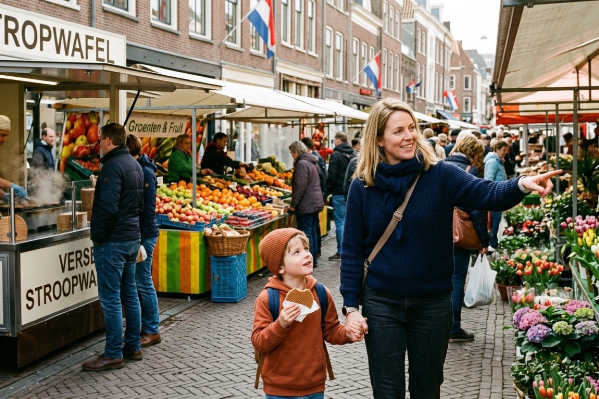 Een Nederlandse moeder en kind lopen langs een stroopwafel-kraam op een Utrechtse markt