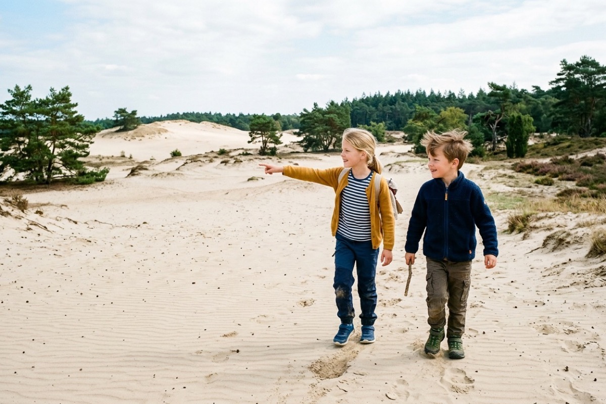 Een Nederlands gezin picknickt op een paarse heide met dennenbomen op de achtergrond