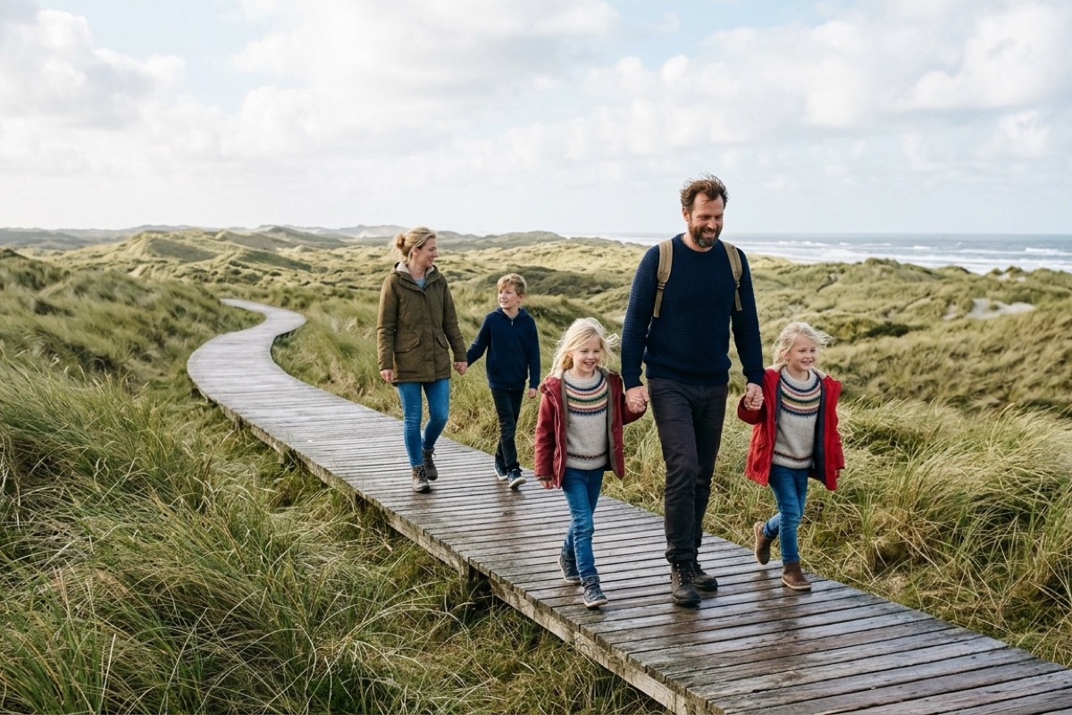 Twee Nederlandse kinderen zoeken schelpen op een breed Vlielands strand op een zonnige dag