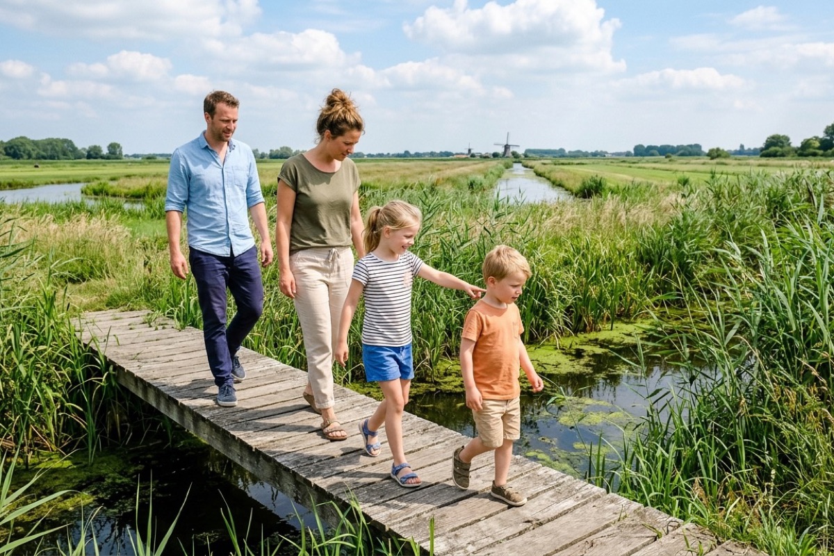Een Nederlands gezin loopt op een houten plankenbrug door reiland-veen met een molen in de verte