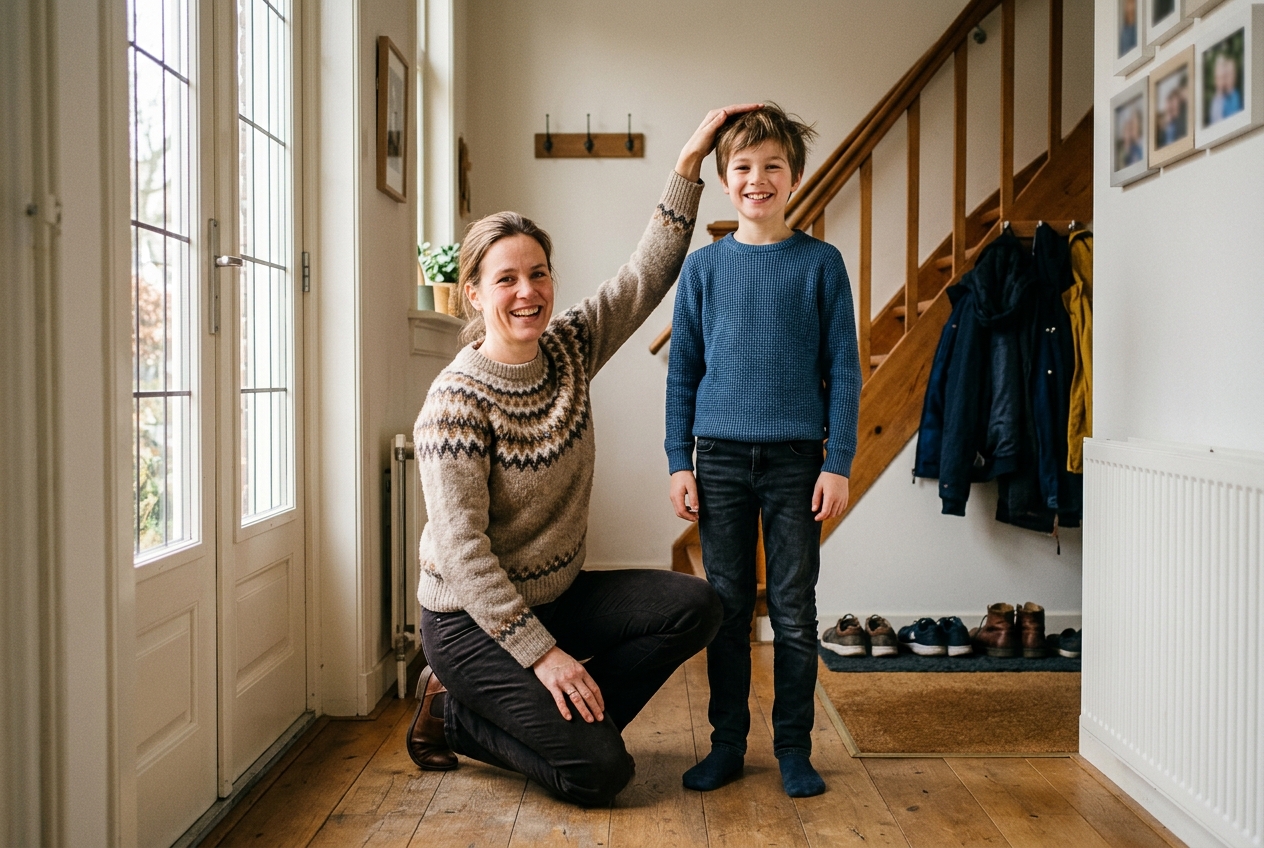 Moeder knielt naast haar elfjarige zoon in de hal, beiden lachend, vergelijken hun lengtes met hand op zijn hoofd.