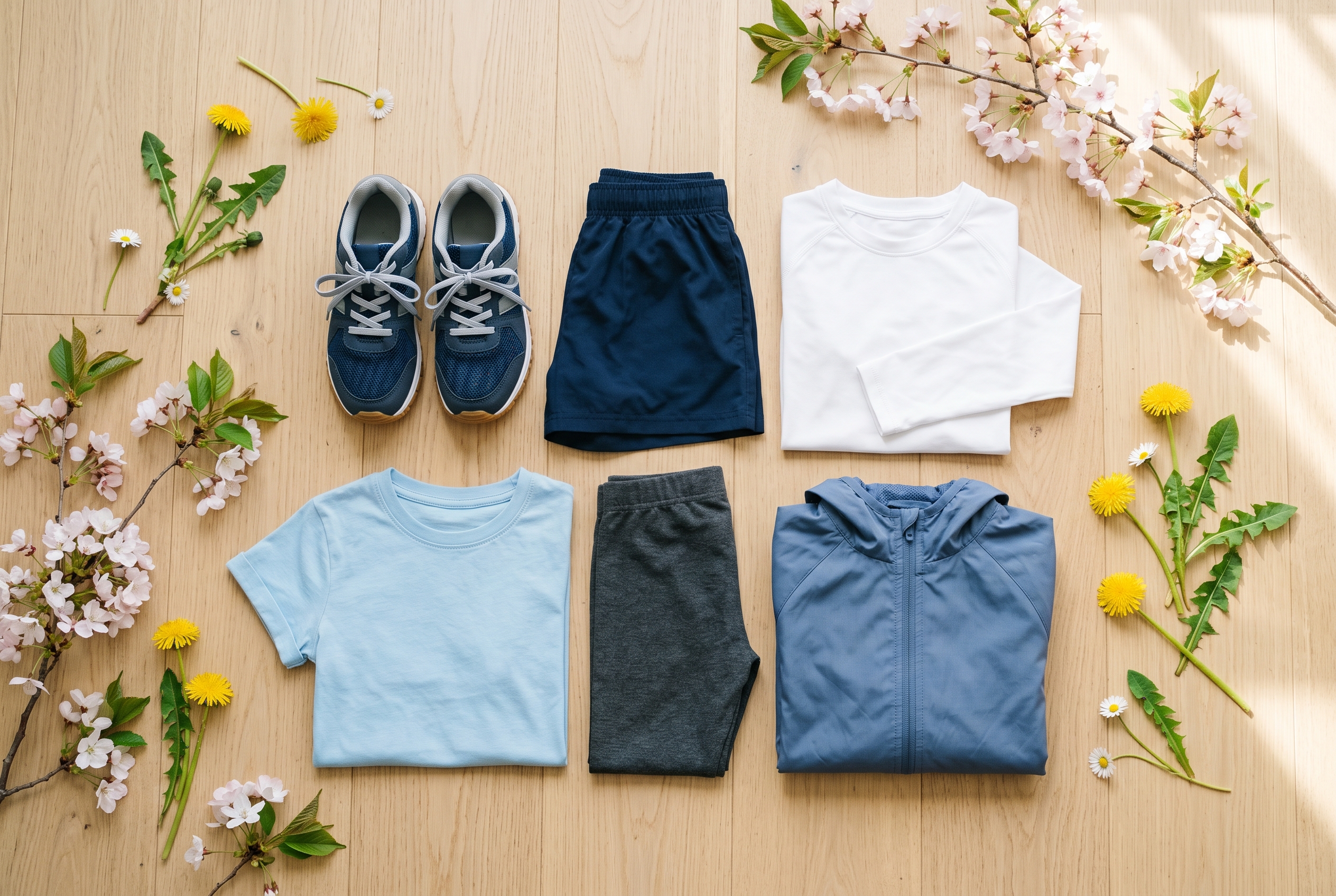 Flat-lay van kinder-sportkleding voor lente: sport-sneakers, korte broek, legging, T-shirt, long-sleeve en lichte trainingsjas op een houten vloer met paardenbloemen en bloesem-takken.