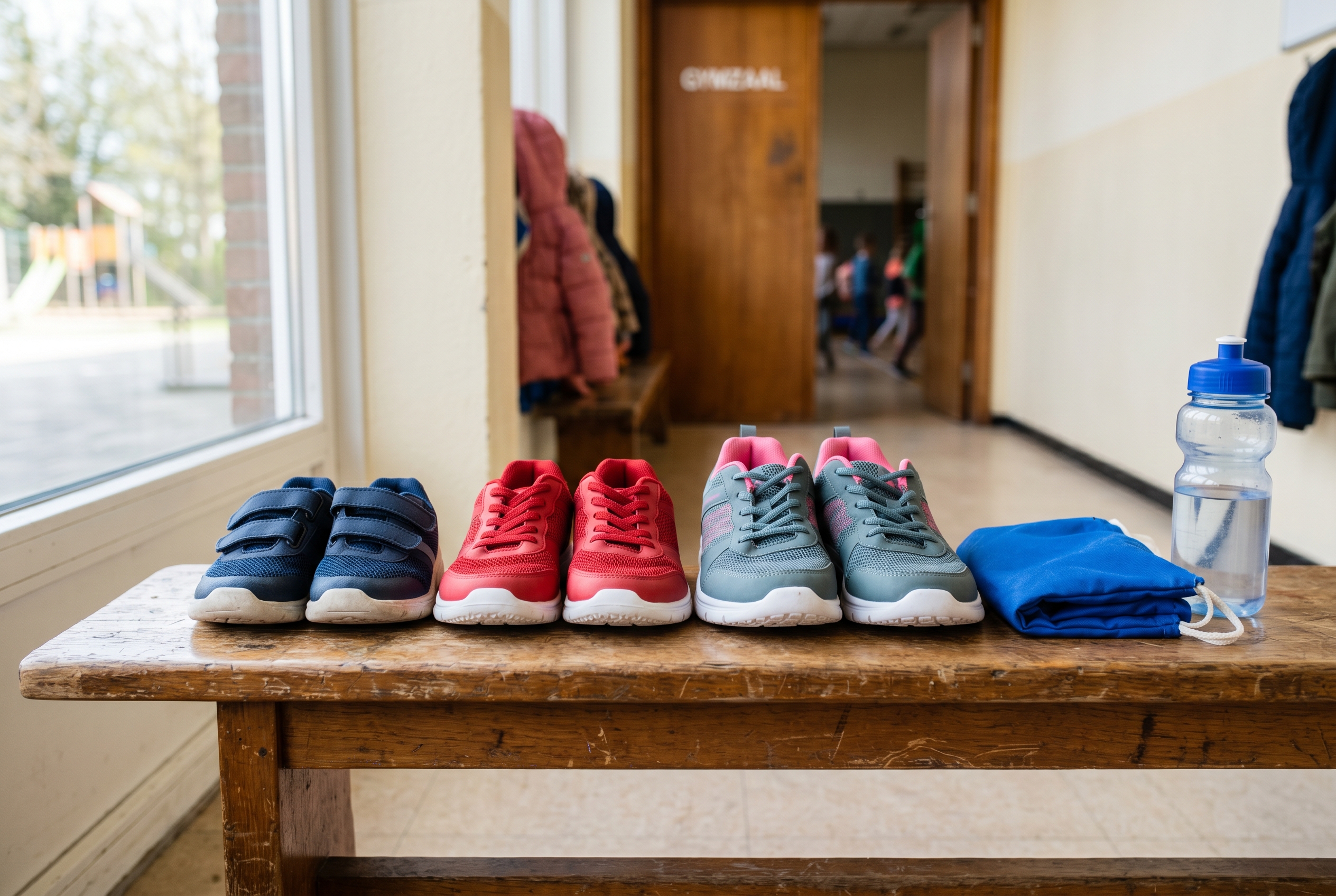 Drie paar kinder-gymschoenen op een rij op een houten schoolbank in de gang naast de gymzaal — klittebandschoen voor kleuter, rode lichtgewicht veter-sneaker en een grotere mesh sneaker.