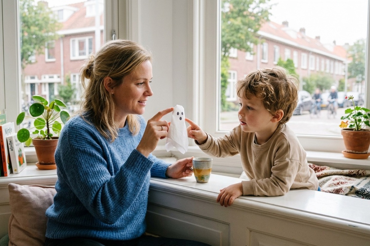 Ouder en kleuter bekijken samen een vrolijk geknutseld papieren spookje op de vensterbank in de huiskamer.