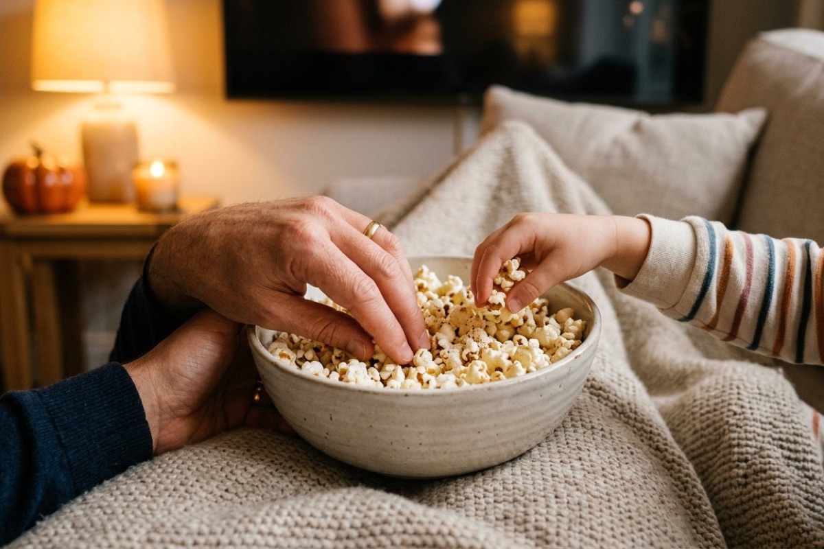 Volwassen hand en kinderhand delen een kom verse popcorn tijdens een gezellige filmavond met een pompoen-lampje op tafel.