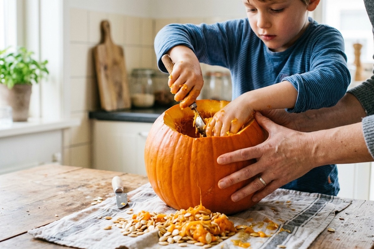Kinderhanden scheppen pompoenpulp uit een grote oranje halloweenpompoen op een keukentafel met daglicht.